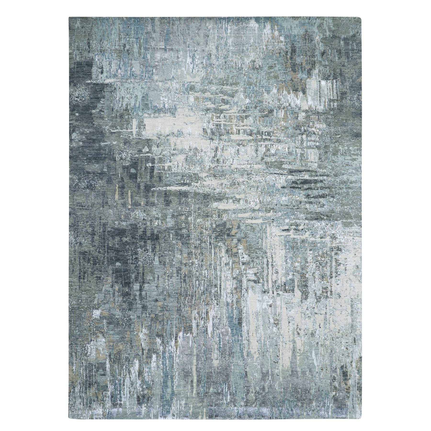 Misty Gray with Ivory, Hand Knotted, Persian Knot, Abstract with Galaxy Design, 100% Wool, Densely Woven, Oriental Rug